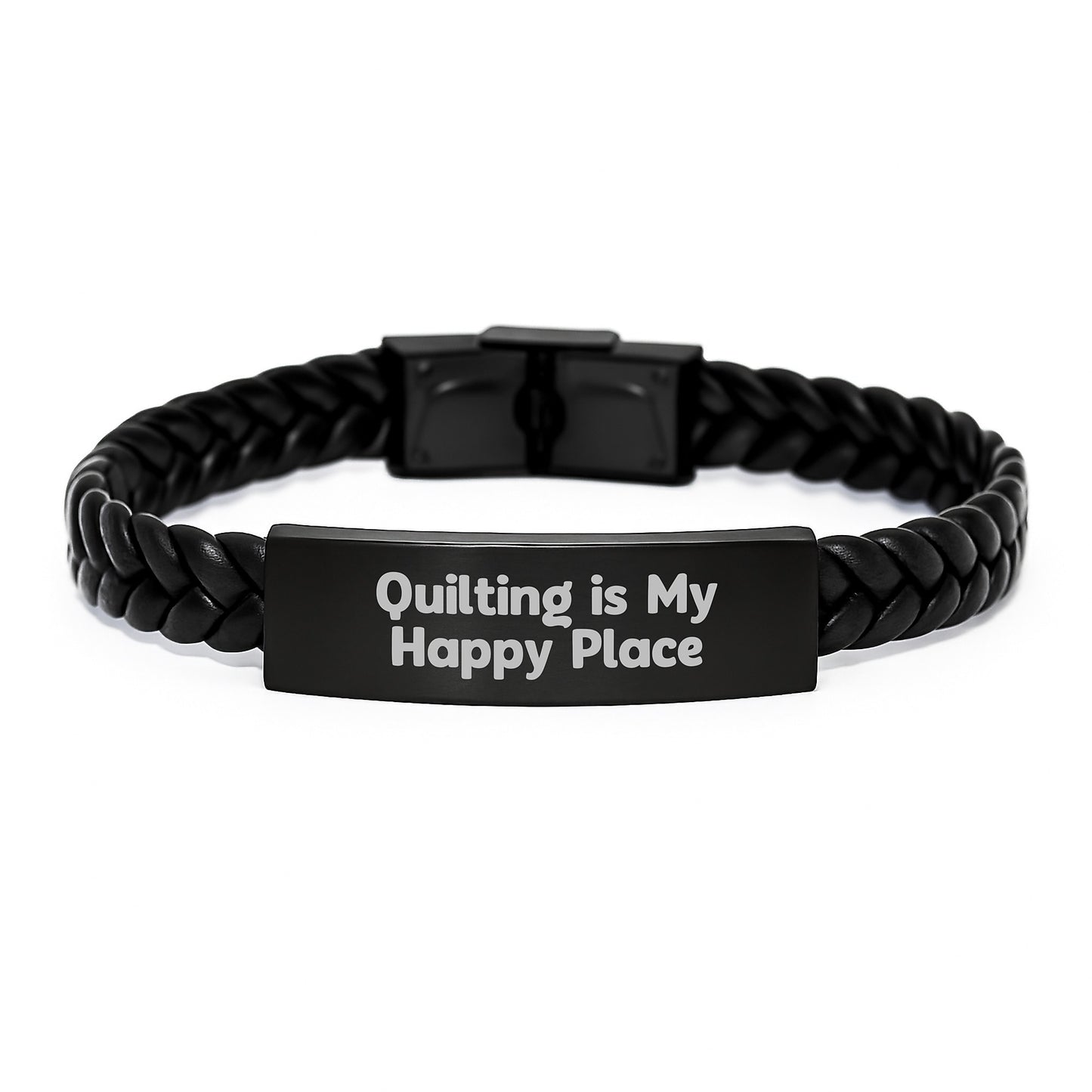 Quilting Gifts for Her Valentine's Interlaced Leather Bracelet, Inspirational Quilting Is My Happy Place Leather Cuff - Image 1
