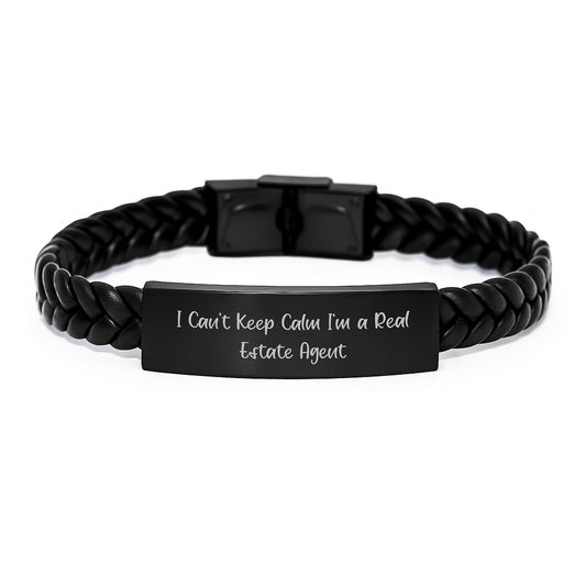 Funny Real Estate Agent Gifts, 'I Can't Keep Calm' Interlaced Leather Bracelet, Christmas Unique Presents for Men, Women, Friends, Coworkers, Family - Image 1