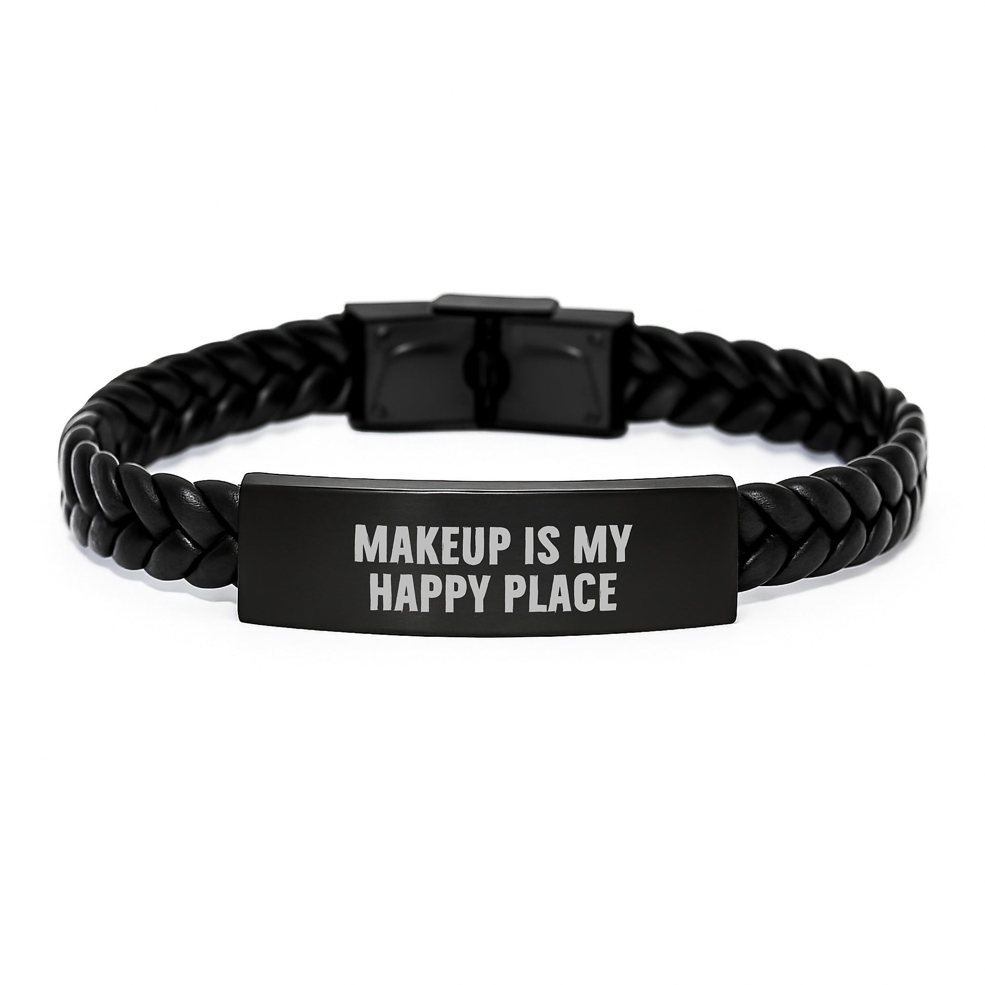 Christmas Unique Gifts for Makeup Lovers - Inspirational Interlaced Leather Bracelet, 'Makeup Is My Happy Place' Sent by Family - Image 1