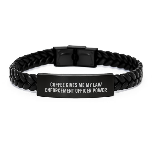 Christmas Unique Gifts for Law Enforcement Officer, Funny Interlaced Leather Bracelet, Coffee Gives Me My Power, Gifts from Family - Image 1