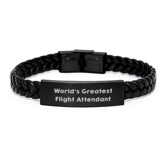 Funny Inspirational Gifts from Men to Flight Attendants on Valentine's - 'World's Greatest Flight Attendant' Interlaced Leather Bracelet, Stainless Steel and PU Leather, 7.87 Inch - Image 1