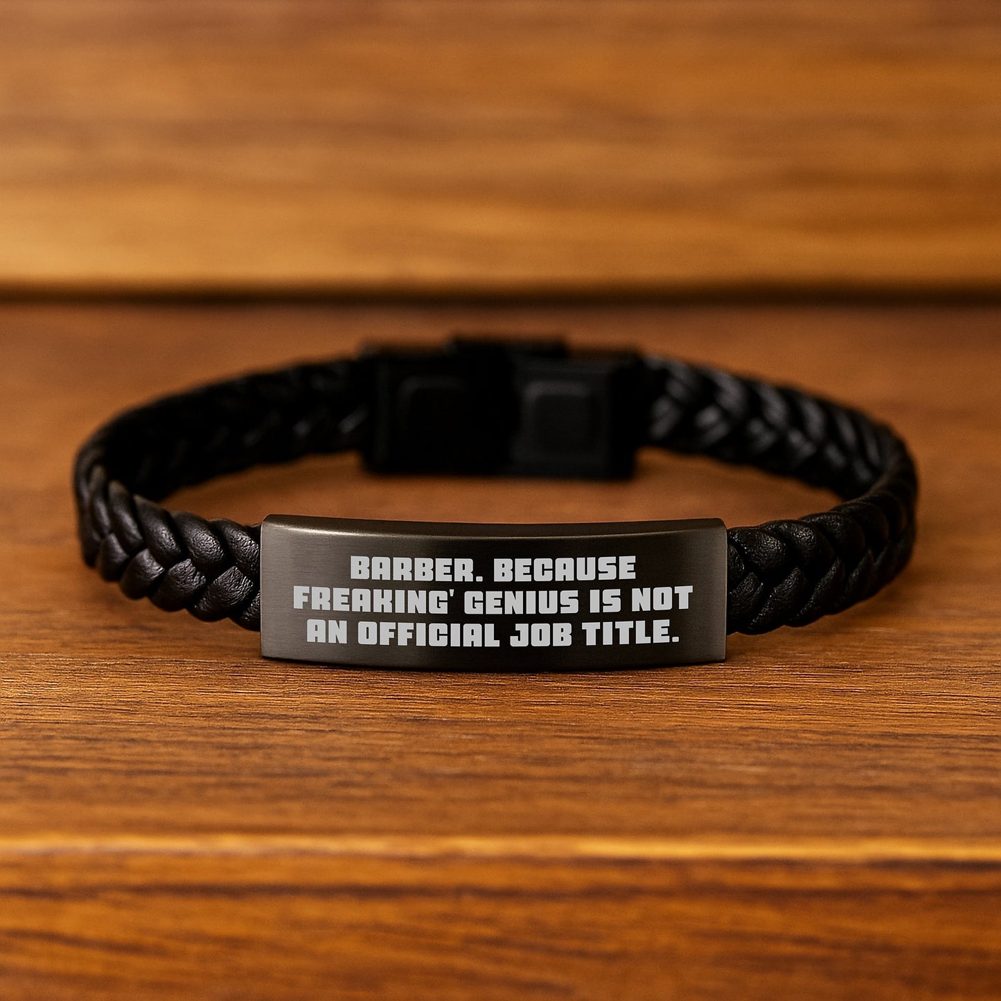 Funny Barber Gifts from Men for Men, Interlaced Leather Bracelet, 'Barber Because Freaking genius Is Not An Official Job Title.' - Image 2