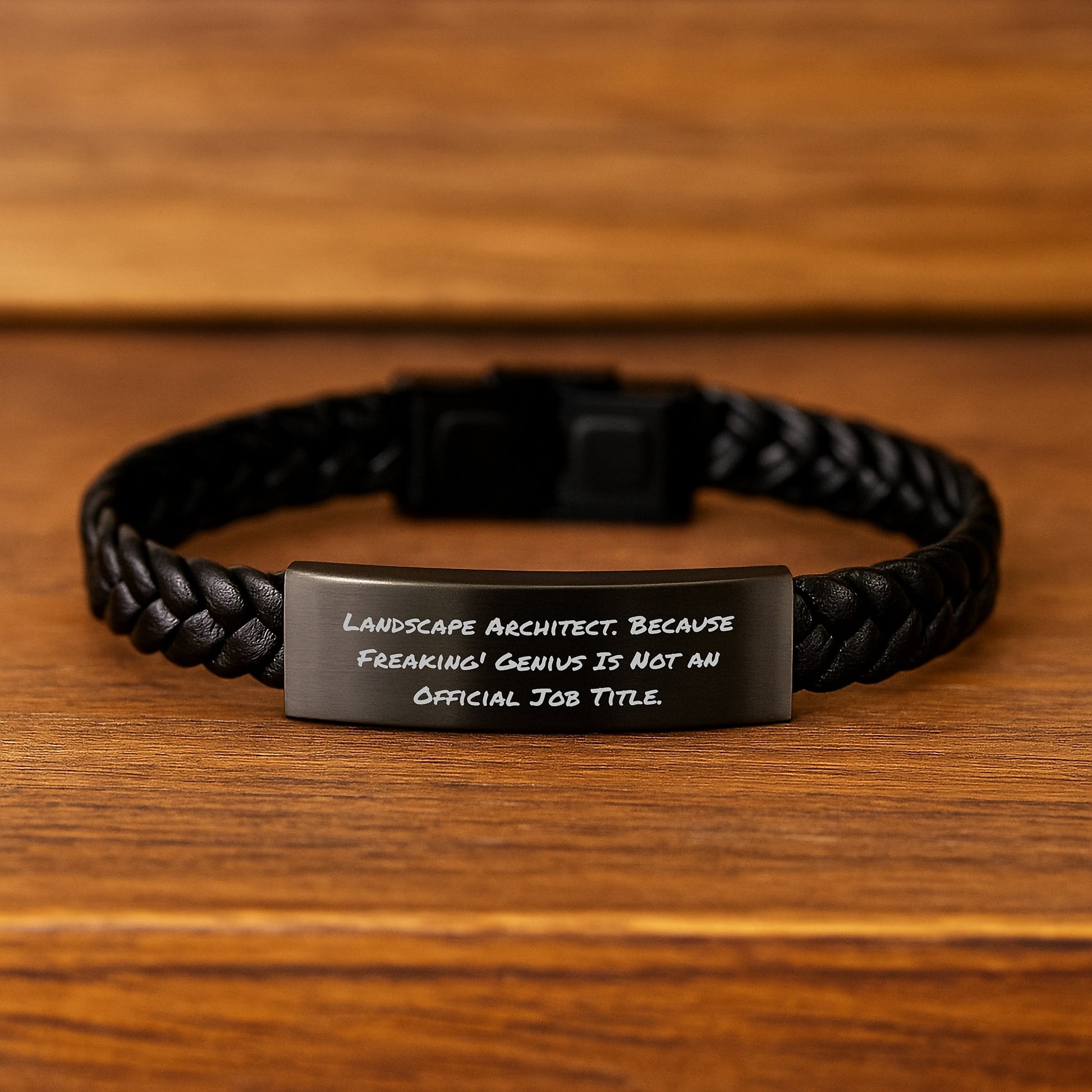 Funny Landscape Architect Christmas Unique Gift for Him, Interlaced Leather Bracelet with Quote 'Landscape Architect. Because Freaking' genius Is Not An Official Job Title.' from Friends and Family - Image 2