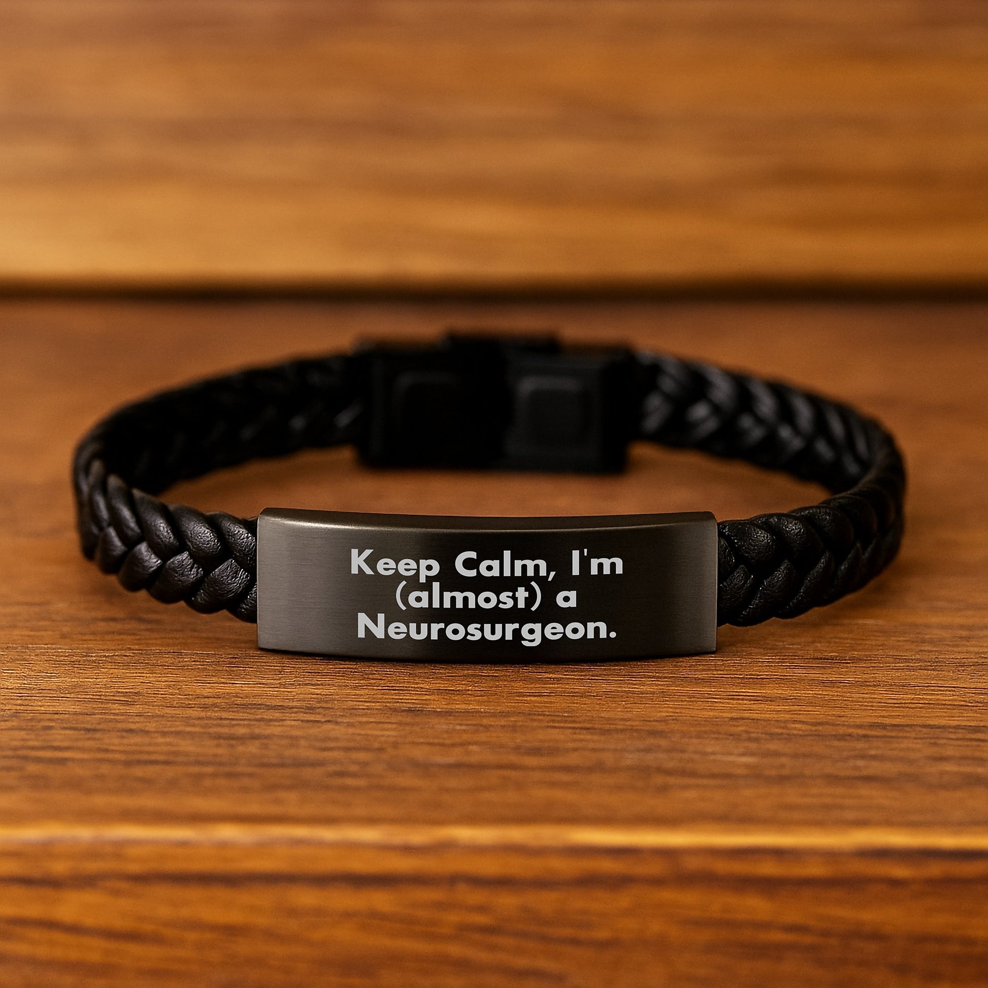 Funny Neurosurgeon Inspirational Gifts from Men to Neurosurgeon Friends on Valentine's Unique Interlaced Leather Bracelet with 'Keep Calm, I'm (almost) A Neurosurgeon.' Quote - Image 2