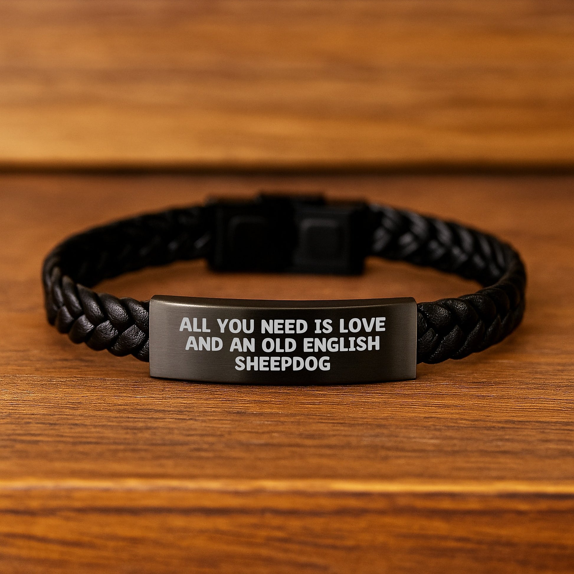 Old English Sheepdog Interlaced Leather Bracelet Gifts from Men, Women, Friends, or Family for Valentine's Unique Gifts, Funny Quote - 'All You Need Is Love And An Old English Sheepdog' - Image 2