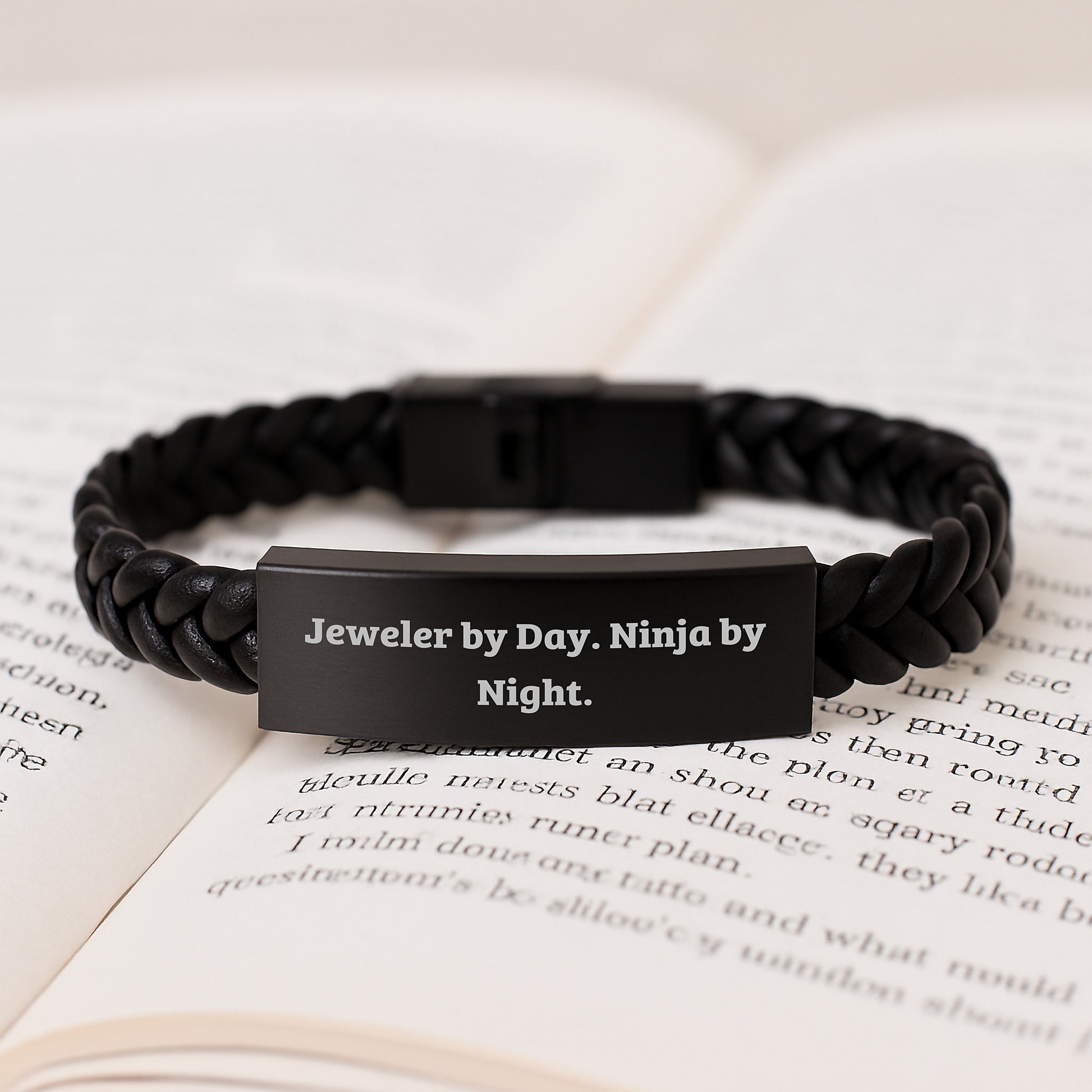 Jeweler By Day. Ninja By Night. Unique Leather Interlaced Wristband Gifts for Men from Graduation Recipients, Funny Quote Inspired Jewelry Enthusiasts - Image 3