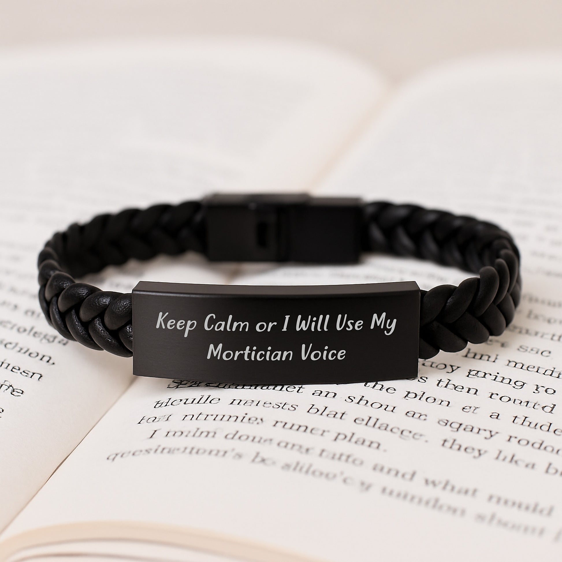 Mortician Humor Gifts for Friends - Keep Calm Interlaced Leather Bracelet, Funny Birthday Unique Gift from Men to Mortician, 7.87 inches Stainless Steel and PU Leather - Image 3