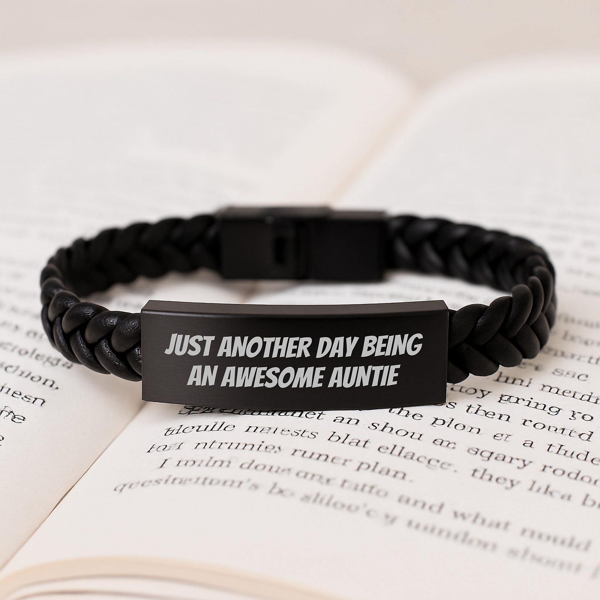 Funny Auntie Gifts from Family for Graduation - Interlaced Leather Bracelet, Engraved Stainless Steel, 'Just Another Day Being An Awesome Auntie', Unique Presents for Auntie - Image 3