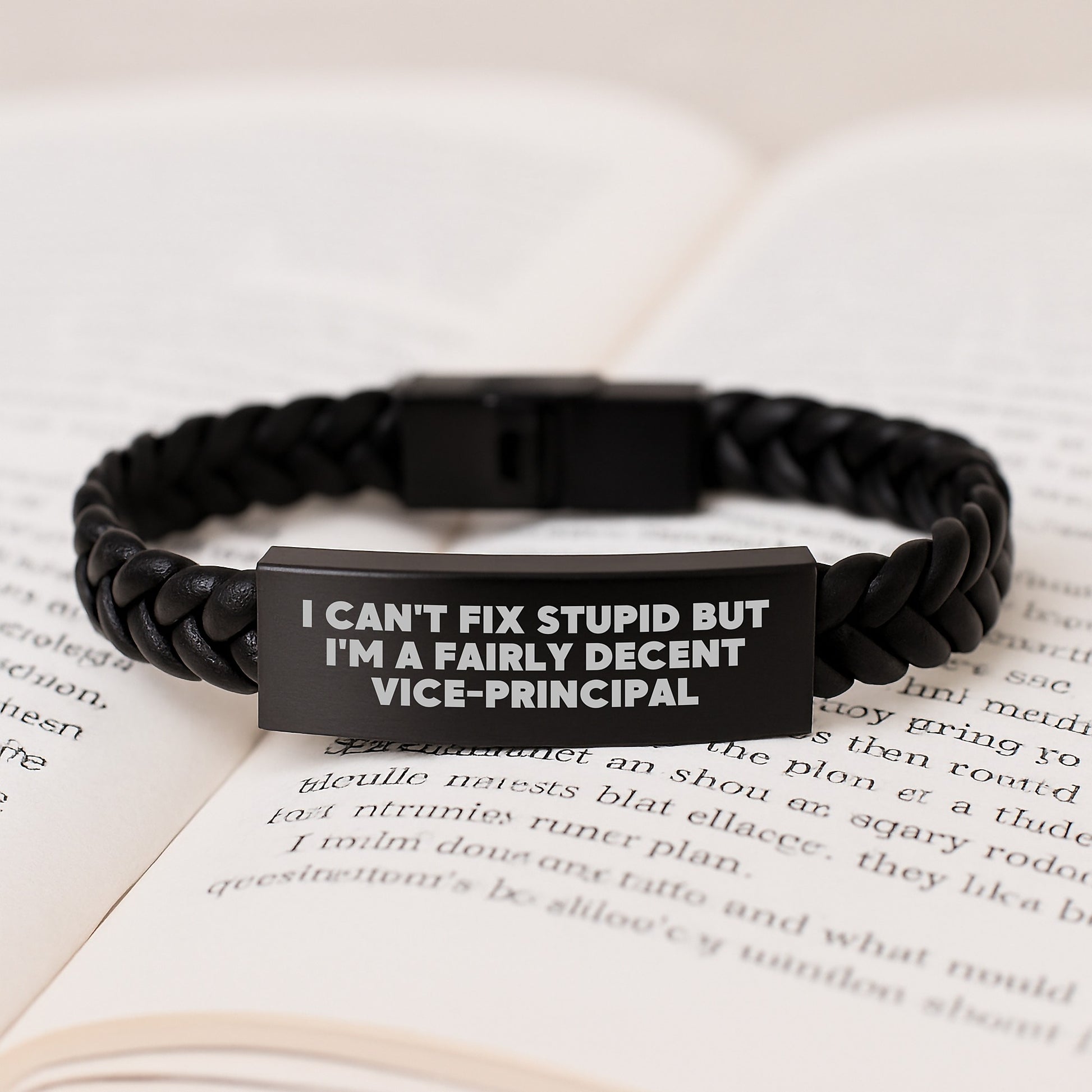 Funny Vice-Principal Gifts for Men from Friends on Graduation Unique Gifts - 'I Can't Fix Stupid But I'm A Fairly Decent Vice-principal' Interlaced Leather Bracelet - Image 3