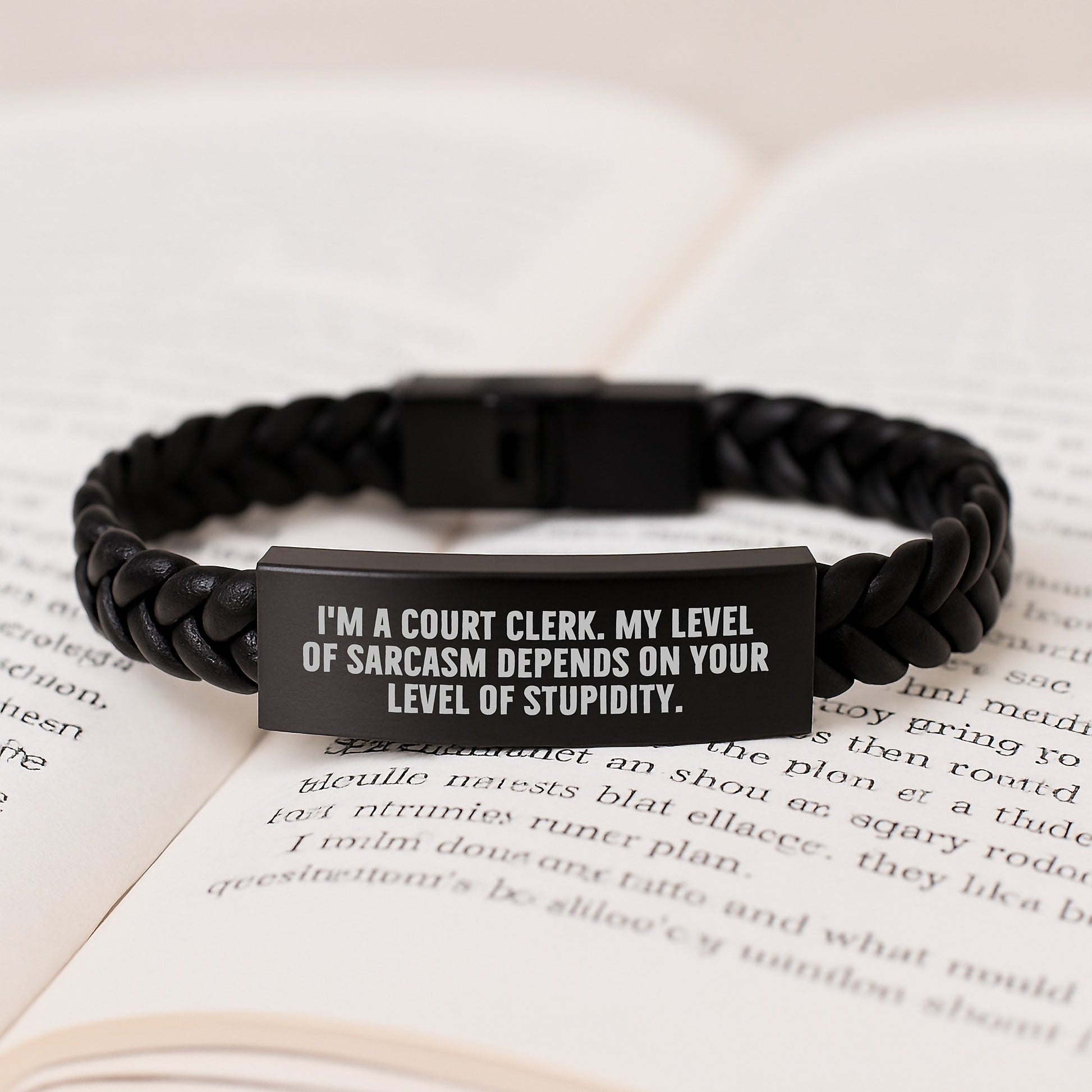 Court Clerk Gifts, Funny Sarcasm Quote, Interlaced Leather Bracelet for Graduation from Friends, Coworkers, Family - Custom Engraved Stainless Steel - Image 3