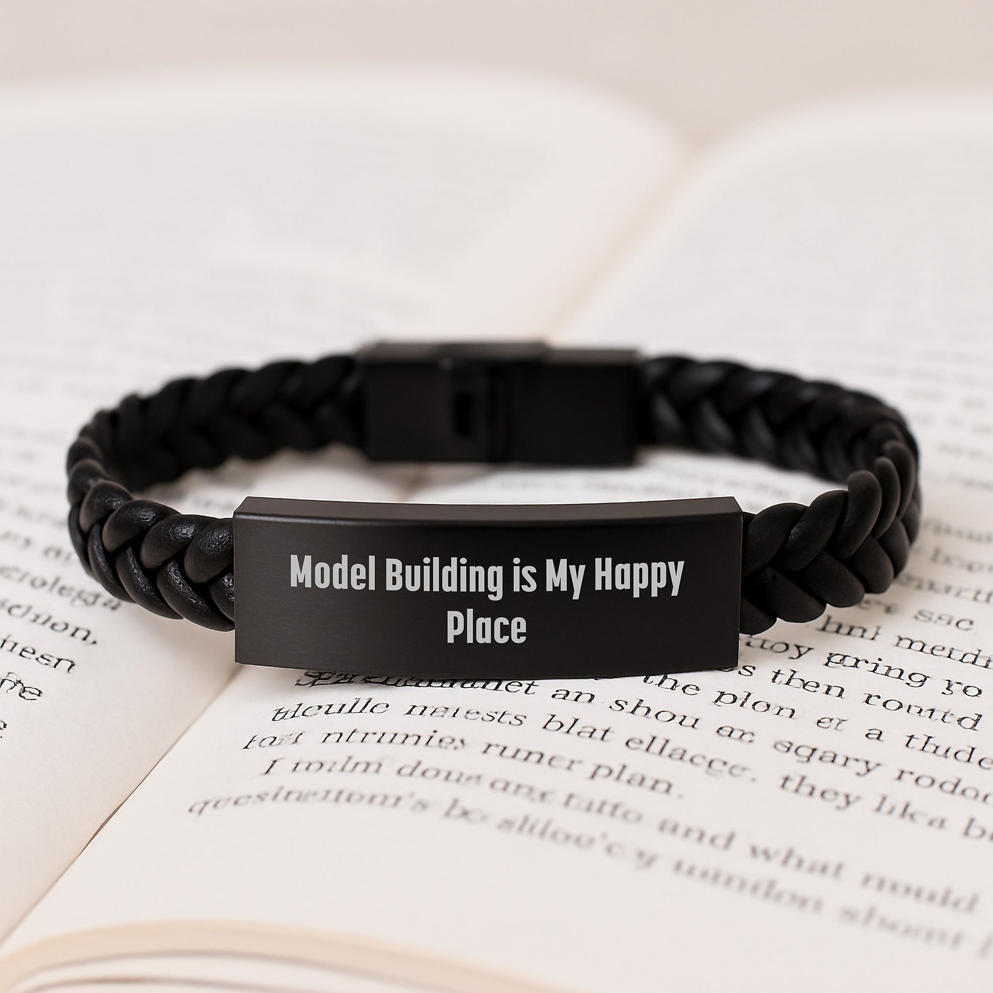 Funny Model Building Gifts for Men, Unique Leather Interlaced Bracelet from Friends, Birthday Unique Gifts for Model Building Enthusiasts, 'Model Building Is My Happy Place' Quote - Image 3