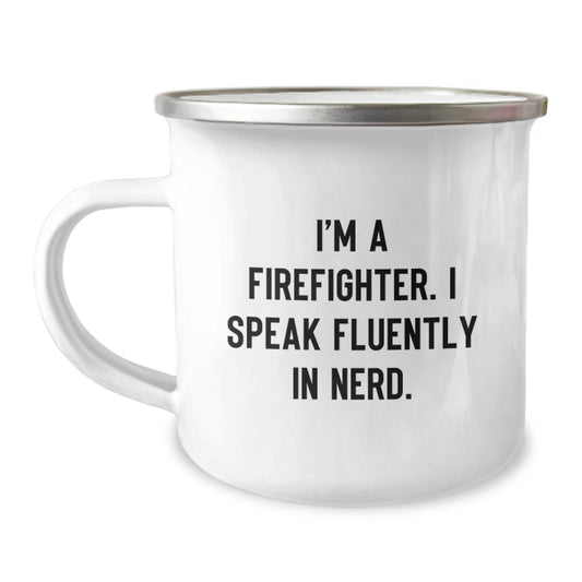 Funny Firefighter Christmas Unique Gifts, Firefighter Friends, Men, Unique Gifts for Firefighters, Inspirational Camping Mug, 'I Speak Fluently In genius.' - Image 1