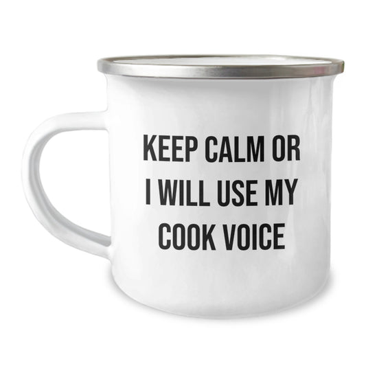 Funny Camping Mug for Cook Enthusiasts Gifts from Friends to Men, Unique Christmas Unique Gifts for Cooks, Camping Mugs with Keep Calm Or I Will Use My Cook Voice - Image 1