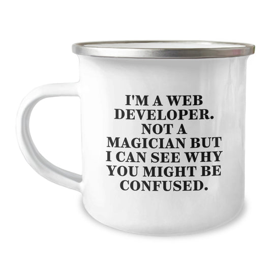 Funny Web Developer Gifts for Men from Friends, Unique Birthday Unique Gifts for Web Developers, Web Developer Enamel Camping Mug - Image 1