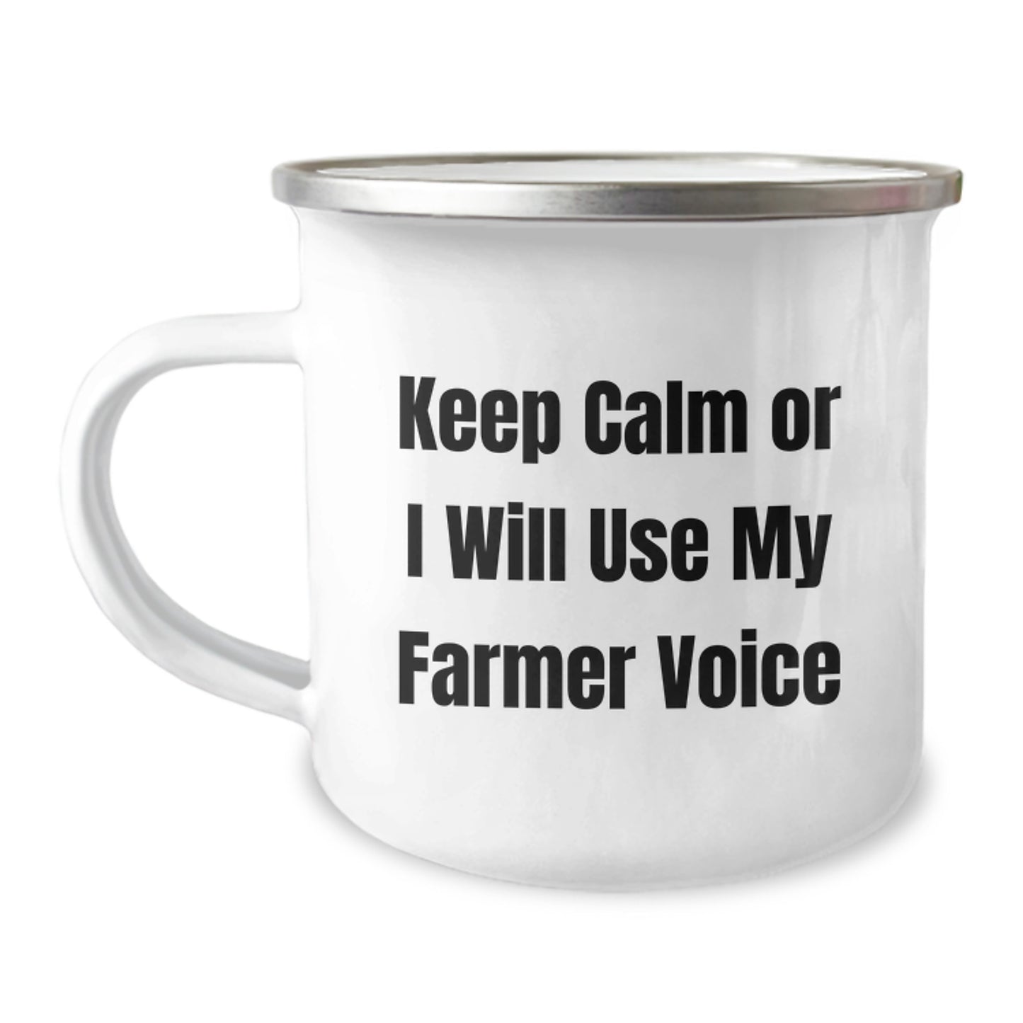 Funny Farmer Gifts from Family, Unique Camping Mug for Graduation, 'Keep Calm Or I Will Use My Farmer Voice' - 12 oz Stainless Steel with Enamel Finish - Image 1