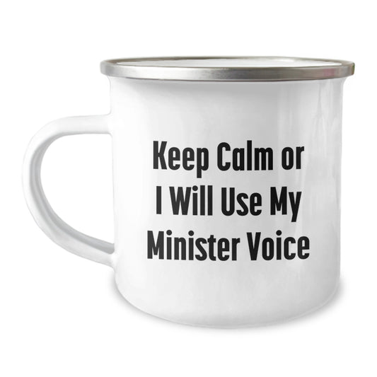 Funny Keep Calm Minister Gifts for Ministry Friends and Family - Camping Mug, 12 oz Capacity, Stainless Steel with Enamel Finish, Perfect for Birthday Celebrations - Image 1