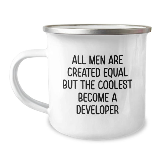 Funny Developer Gifts for Men, Unique Camping Mug from Friends, All Men Are Created Equal But 'The Coolest Become A Developer' Christmas Unique Gifts - Image 1