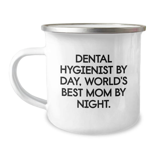 Funny Dental Hygienist Gifts for Birthday, World's Best Mom Mug - 'Dental Hygienist By Day, World's Best Mom By Night.' Camping Mug, Stainless Steel, Enamel Finish - Image 1