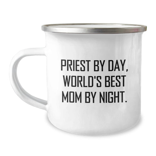 Funny Priest Gifts from Mom, Priest By Day World's Best Mom By Night Camping Mug, Unique Graduation Gifts for Priest - Image 1