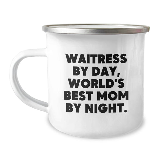Waitress Gifts from Family, Funny Camping Mug for Birthday, 'Waitress By Day, World's Best Mom By Night.' - Image 1