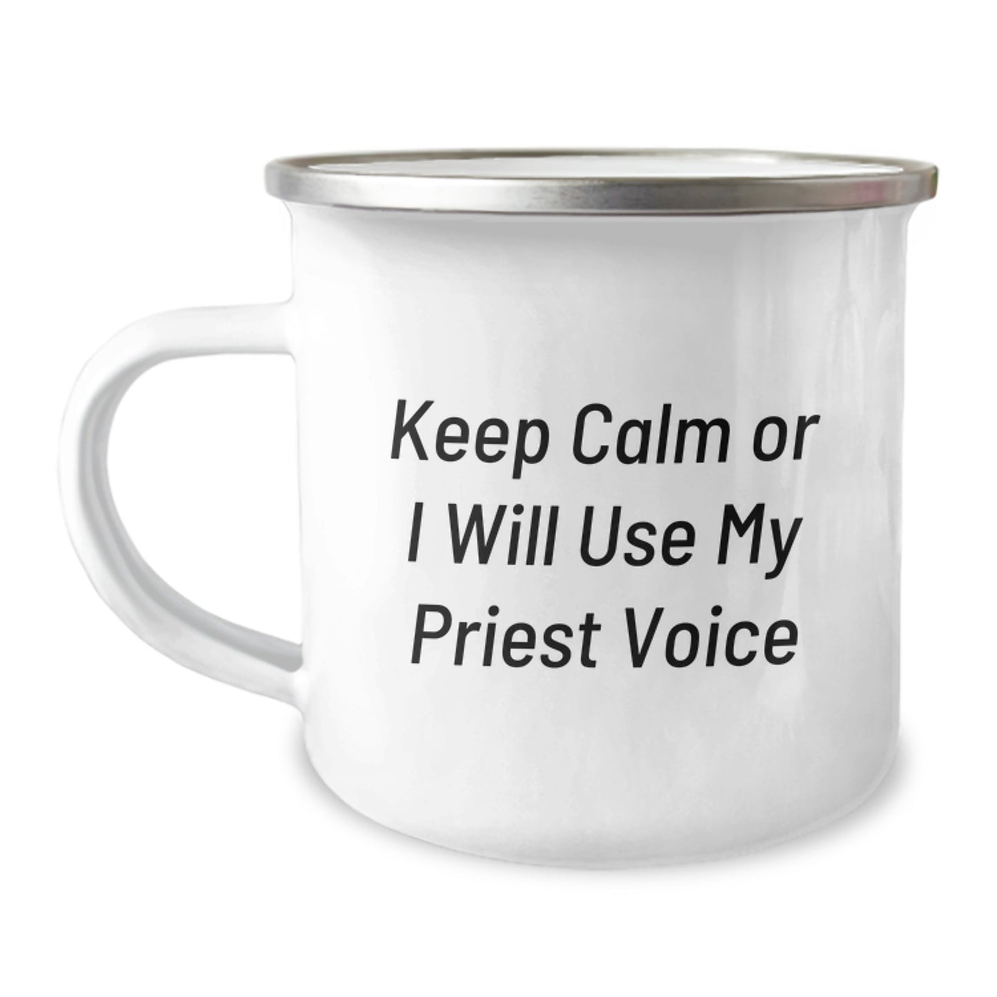 Funny Priest Gifts for Men, Keep Calm Or I Will Use My Priest Voice Camping Mug for Graduation, Gifts from Men to Priest, 12 oz Stainless Steel - Image 1