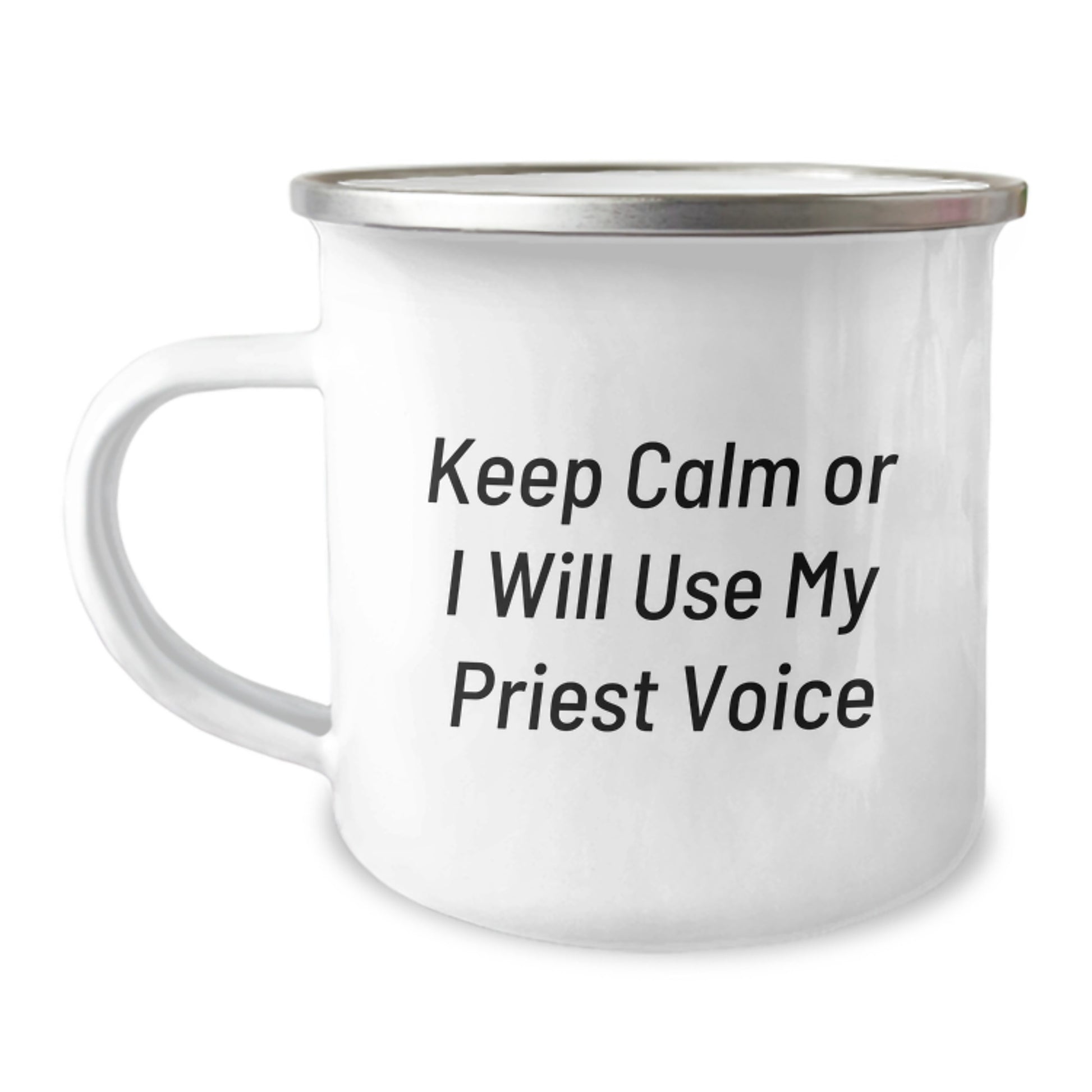 Funny Priest Gifts for Men, Keep Calm Or I Will Use My Priest Voice Camping Mug for Graduation, Gifts from Men to Priest, 12 oz Stainless Steel - Image 1