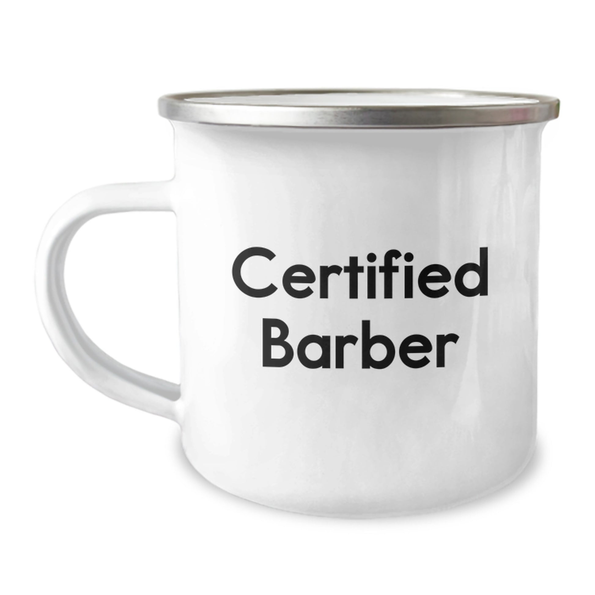 Funny Barber Gifts from Men, Gifts for Certified Barbers on Graduation, Camping Mug with Enamel Finish - Image 1