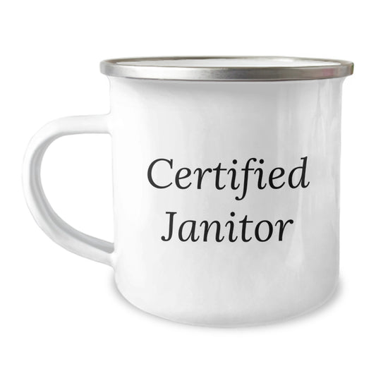 Funny Janitor Gifts for Him Birthday Unique Camping Mug with Inspirational Quote from Certified Janitor - Image 1