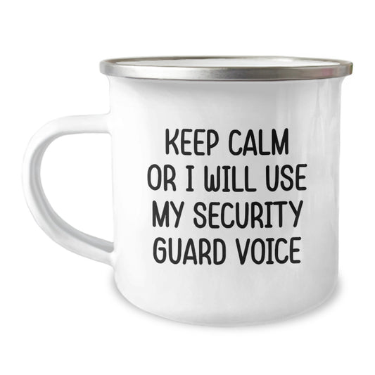 Funny Security Guard Gifts from Men to Security Guard Friends on Birthday, Keep Calm Or I Will Use My Security Guard Voice Camping Mug - Image 1