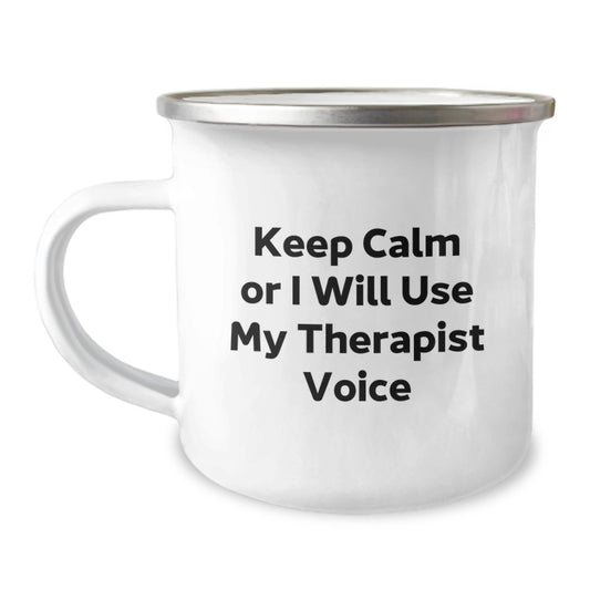 Funny Therapist Gifts from Men to Therapist Friends on Valentine's - Keep Calm or I'll Use My Therapist Voice Camping Mug - Image 1