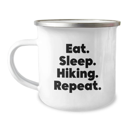 Hiking Enthusiasts' Funny Camping Mug Gifts from Friends for Graduation, Eat. Sleep. Hiking. Repeat., 12 oz Stainless Steel with Enamel Finish - Image 1