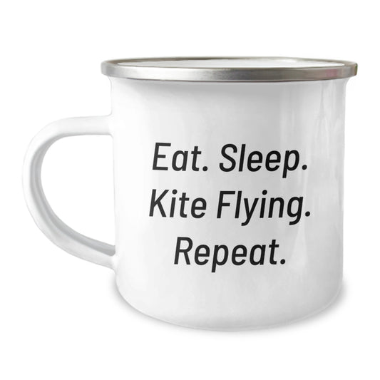 Kite Flying Gifts from Friends, Funny Camping Mug for Graduation, Eat. Sleep. Kite Flying. Repeat. Enamel Mugs for Kite Enthusiasts - Image 1