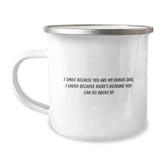 Funny Bonus Dad Gifts for Men, Camping Mug with Quote 'I Smile Because You Are My Bonus Dad', Unique Christmas Unique Gift from Family - Image 1
