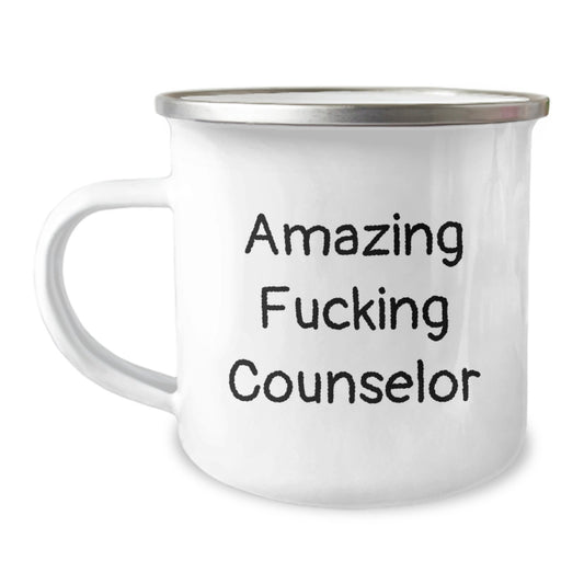 Funny Counselor Gifts from Friends for Birthday - Amazing F--king Counselor Camping Mug, 12 oz Stainless Steel Enamel Finish - Image 1