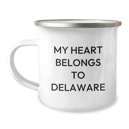 Delaware Lovers Gifts from Family, Friends or Coworkers - My Heart Belongs To Delaware Camping Mug, 12 oz Stainless Steel with Enamel Finish - Image 1