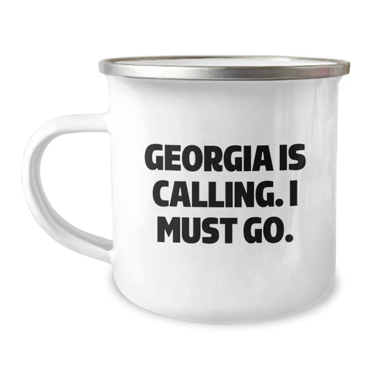 Funny Georgia Camping Mug Gifts from Friends for Birthday 'Georgia Is Calling. I Must Go.' - Image 1