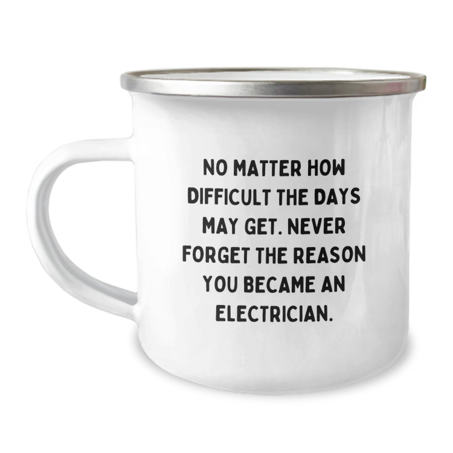 Electrician's Inspirational Camping Mug, Gifts from Friends and Family for His Graduation, 'No Matter How Difficult The Days May Get. Never Forget The Reason You Became An Electrician.' - Image 1