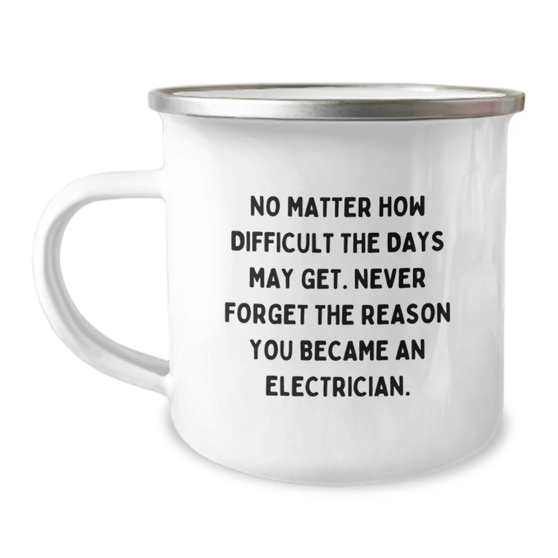 Electrician's Inspirational Camping Mug, Gifts from Friends and Family for His Graduation, 'No Matter How Difficult The Days May Get. Never Forget The Reason You Became An Electrician.' - Image 1