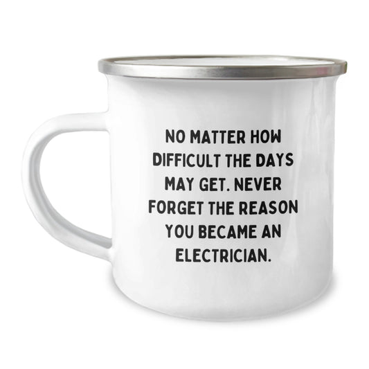 Electrician's Inspirational Camping Mug, Gifts from Friends and Family for His Graduation, 'No Matter How Difficult The Days May Get. Never Forget The Reason You Became An Electrician.' - Image 1