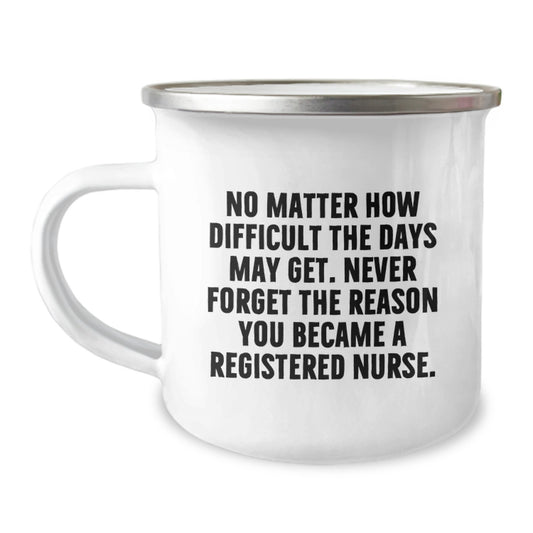 Inspiring Gifts from Friends for Registered Nurses at Graduation - 'No Matter How Difficult The Days May Get.' Camping Mug - Image 1