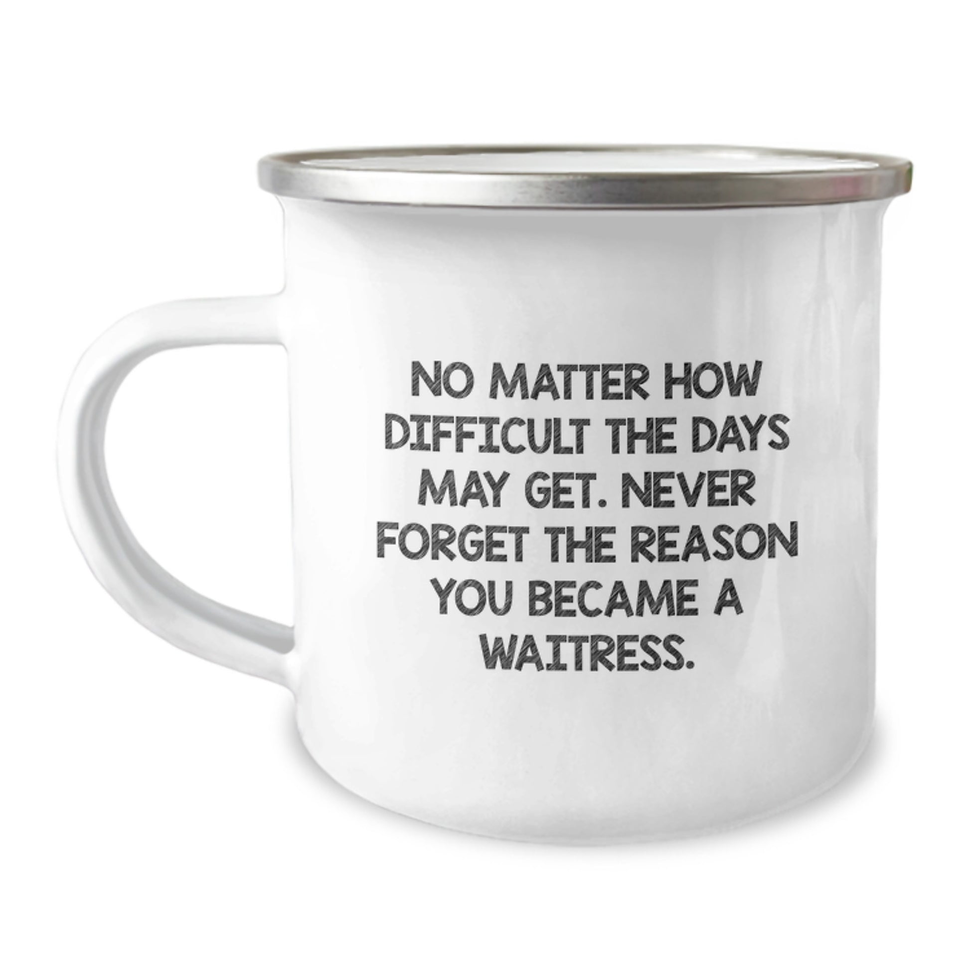 Waitress Graduation Gifts from Friends, Unique Camping Mug for Her, Inspirational Quote 'No Matter How Difficult The Days May Get. Never Forget The Reason You Became A Waitress.' - Image 1