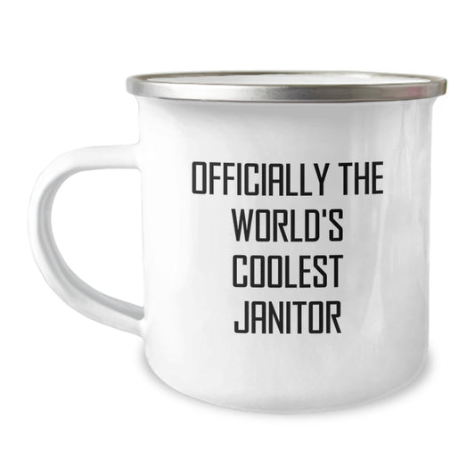 Janitor Gifts, Funny Quote, Camping Mug, Birthday, Gifts from Friends, Gifts for Janitor - 'Officially The World's Coolest Janitor' Enamel Mug - Image 1