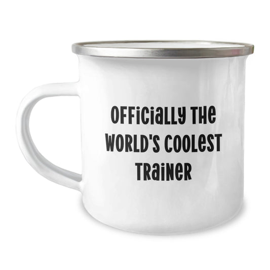 Funny Trainer Gifts for Men from Friends, Graduation Unique Gifts - 'Officially The World's Coolest Trainer' Enamel Camping Mug - Image 1