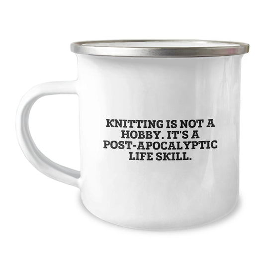 Fun Knitting Gifts for Men - Camping Mug with Quirky 'Knitting Is Not A Hobby' Print - Image 1