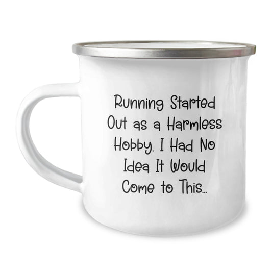 Funny Running Gifts from Friends for Birthday, 'Running Started Out As A Harmless Hobby...' Camping Mug - Image 1