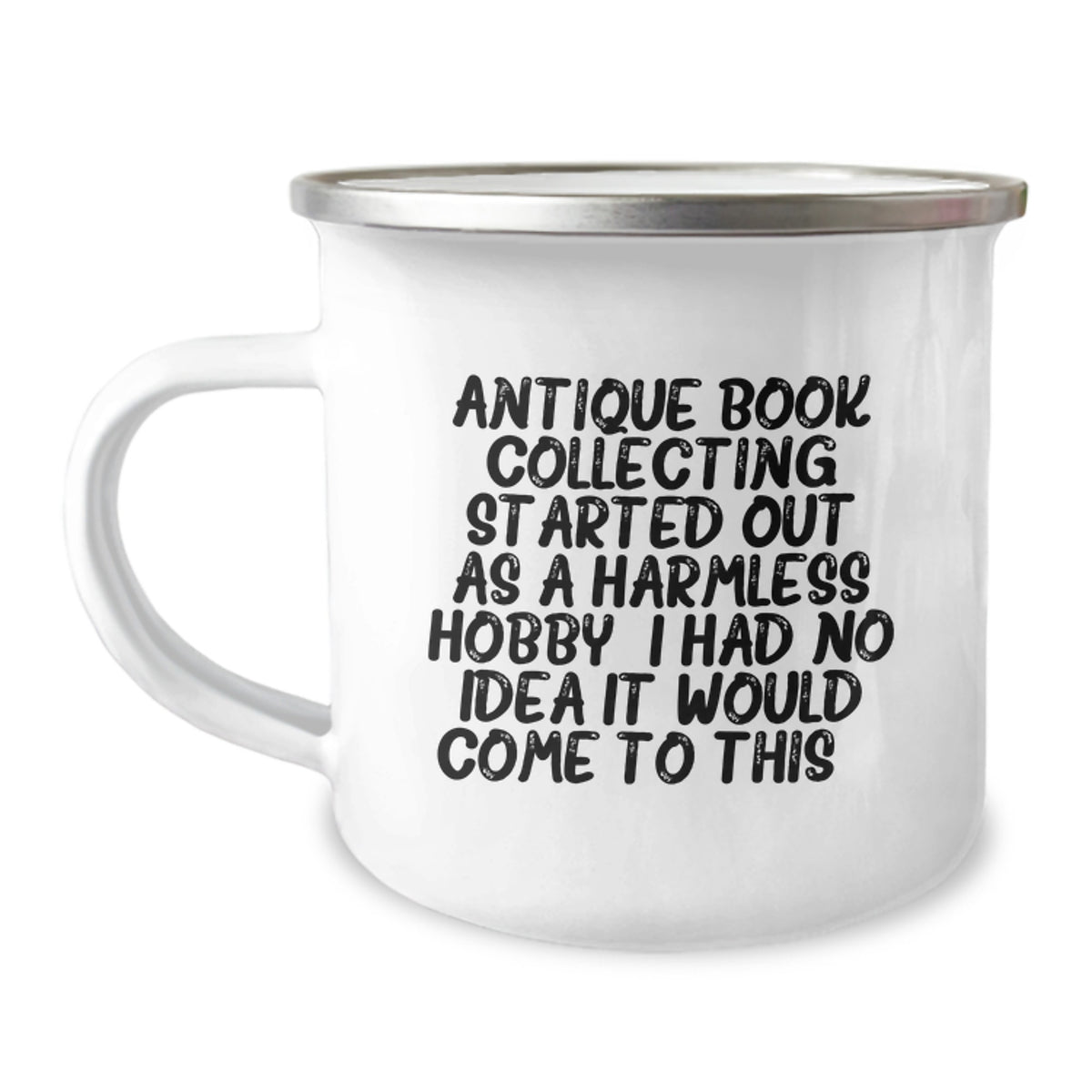 Whimsical Novelty Camping Mug for Friends Antique Book Collecting Gift - Image 1