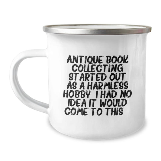 Whimsical Novelty Camping Mug for Friends Antique Book Collecting Gift - Image 1