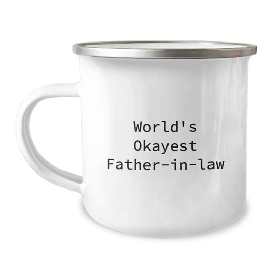 Funny Father-in-law Gifts from Men, World's Okayest Dad Mug for Birthday, Camping Mug with Enamel Finish, Perfect for Outdoor Enthusiasts, Funny Quote Inside - Image 1