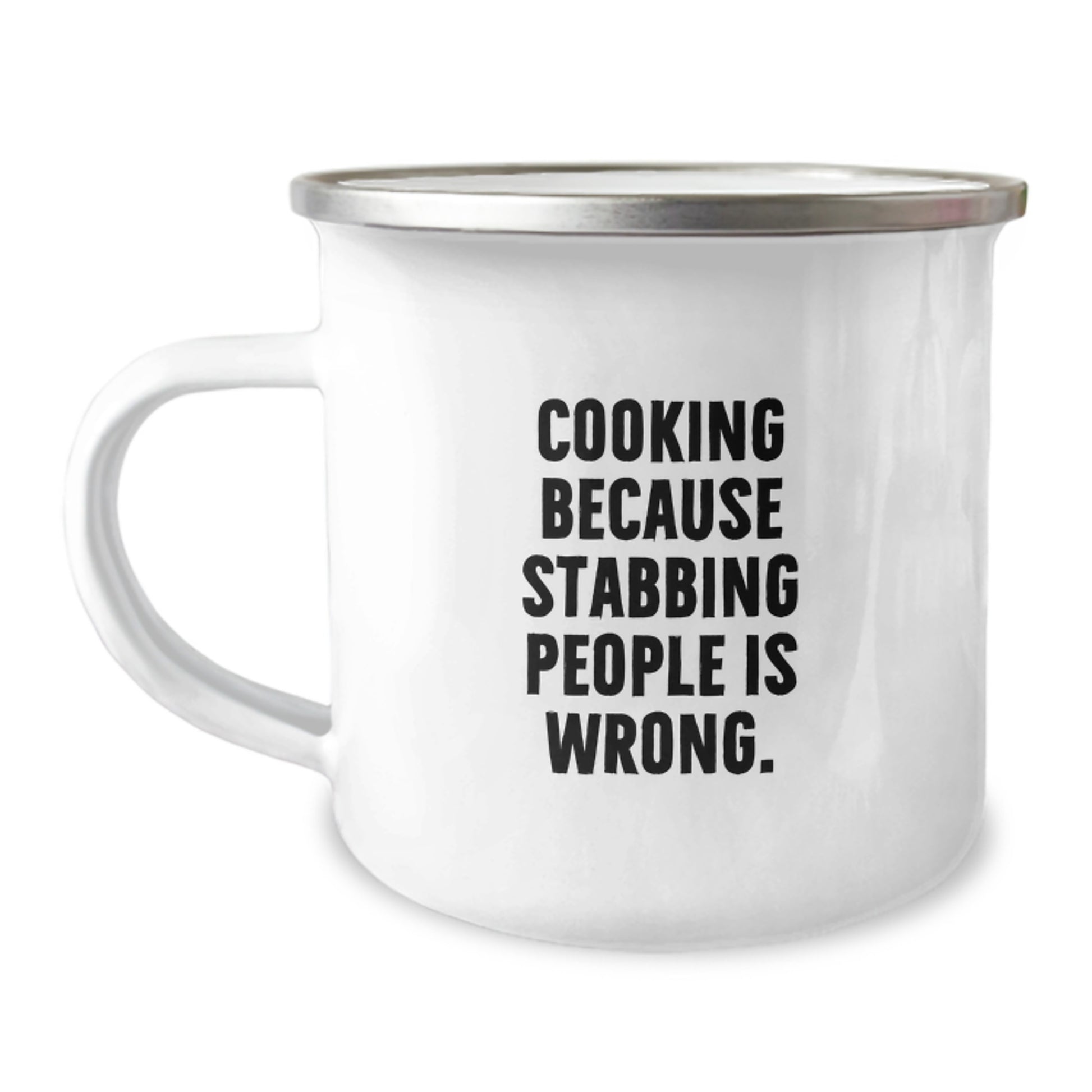 Funny Cooking Gifts for Graduation - 'Cooking Because Stabbing People Is Wrong' Camping Mug, Unique Men's Cooking Mug for Friends and Family - Image 1