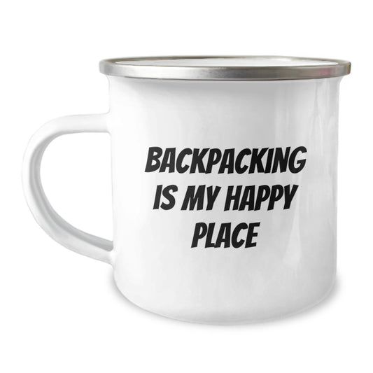 Backpacking Adventure Gifts for Him Camping Mug - 'Backpacking Is My Happy Place' Birthday Unique Gifts from Friends to Adventure Lovers - Image 1